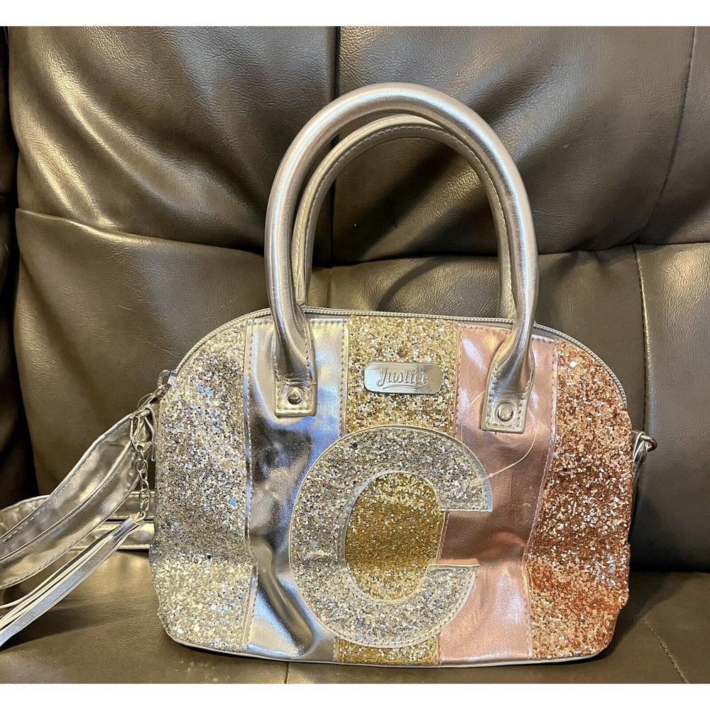 Original Justice Girl's Initial C Glitter Stripe Mini Crossbody Bag Purse New